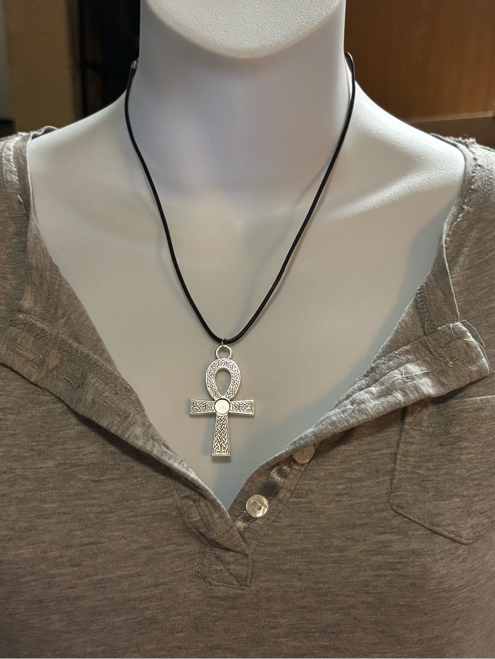 Silver Ankh Pendant Necklace on Black Cord